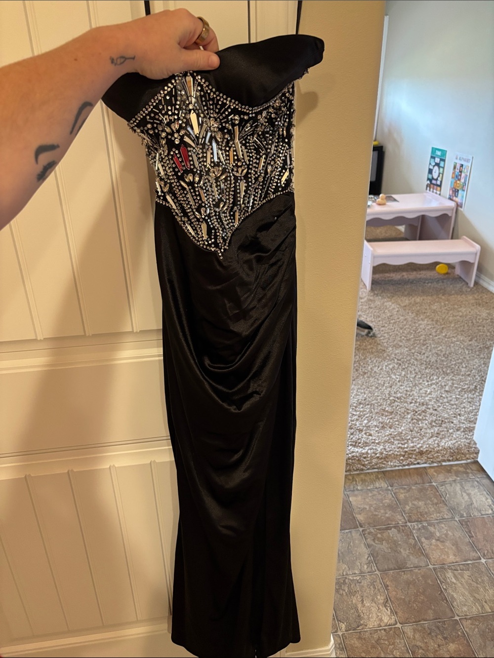 Ladivine by Cinderella Divine Strapless Black Evening Gown with Beaded Bodice